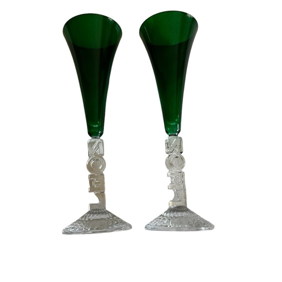 CRISTAL D”ARQUES 2GREEN CHAMPAGNE FLUTES NOEL HOLIDAY CHRISTMAS - Picture 5 of 13